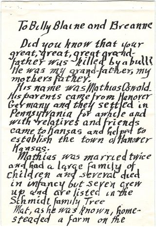 Kenneth Oswald Schmidt's calligraphy copy of a letter to all the great grandchildren — page 1 of 7