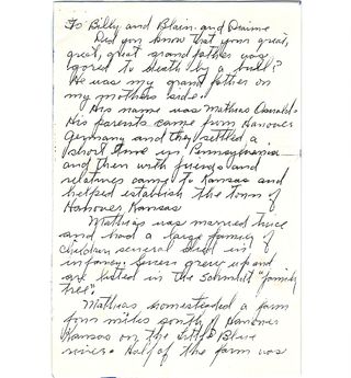 Kenneth Oswald Schmidt's cursive draft of a letter to all the great grandchildren — page 1 of 7